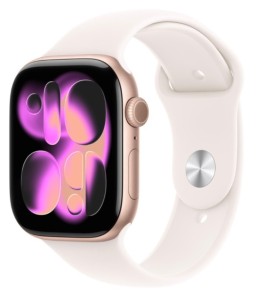 Apple Watch Series 11 GPS, koperta 42 mm z aluminium w kolorze różowego złota, pasek sportowy w kolorze łagodnego różu - rozmiar M/L