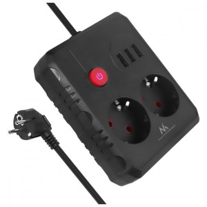 Maclean Listwa zasilająca MCE387 B 2 gniazda 3xUSB, 110-240V AC 50/60Hz 2,1A max 2500W, 1,5m czarna