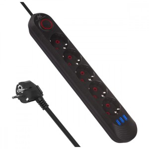 Maclean Listwa zasilająca MCE395 B 5 gniazd 3xUSB, 110-240V AC 50/60Hz, 2.1A max 2500W, czarna