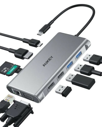 AUKEY Hub USB-C CB-C89 aluminiowy  | 10w1 | RJ45 Ethernet 10/100/1000Mbps | 4xUSB | HDMI 4k@30Hz | SD i microSD | USB-C Power Delivery 100W