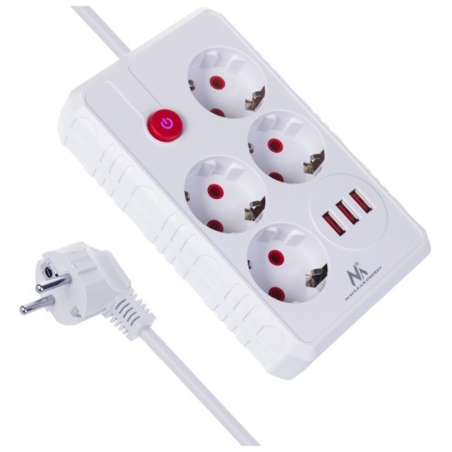 Maclean Listwa zasilająca MCE392 W 4 gniazda 3xUSB, 110-240V AC 50/60Hz, 2.1A max 2500W 1,5m biała