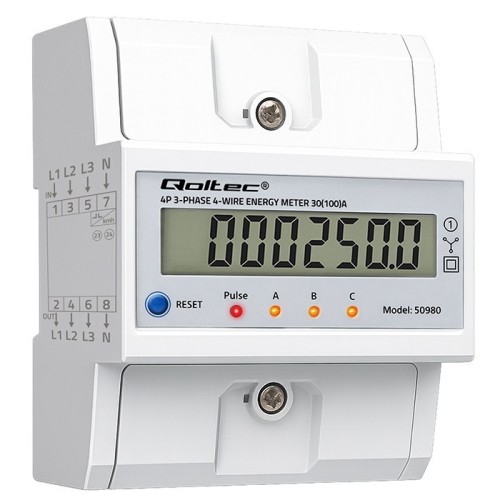 Qoltec Trójfazowy elektroniczny licznik z resetem | miernik zużycia energii na szynę DIN | 400V | 100A | LCD | LED | 4P