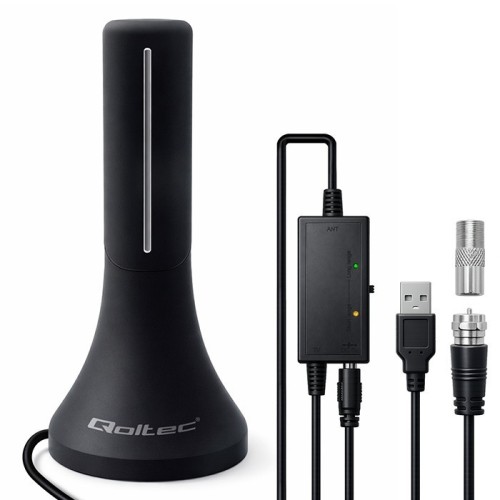 Qoltec Wewnętrzna antena DVB-T/T2 | wzmacniacz sygnału | 4K | wysoki zysk 32dBi | kabel 4m