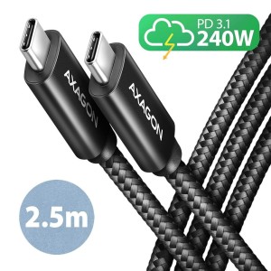AXAGON BUCM2-CM25AB Kabel USB-C - USB-C, 2.5m 5A charging, ALU, 240W PD, oplot, USB2.0, czarny