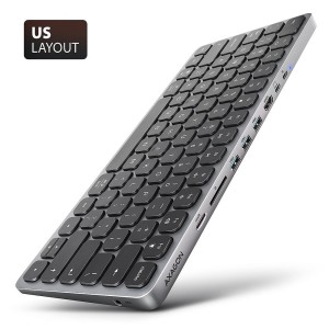 AXAGON HMC-KB-US Klawiatura USB-C 5Gbps z wieloportowym hubem 9in1, SD/microSD, 3x USB-A, HDMI 4K/60Hz, PD 100W, Audio, US layout, 60cm USB-C kabel