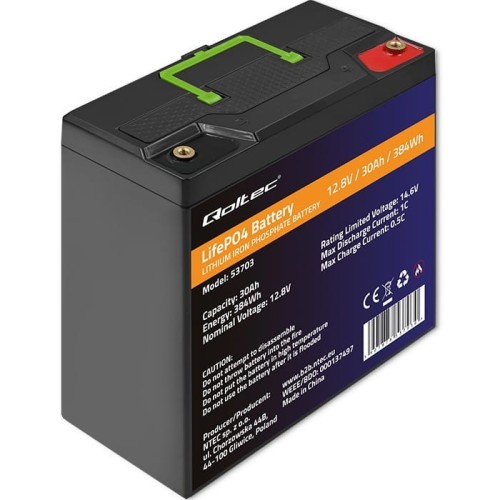 Qoltec Akumulator LiFePO4 Litowo-Żelazowo-Fosforanowy | 12.8V | 30Ah |  384Wh | BMS