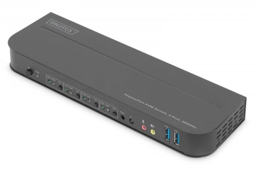 Digitus Przełącznik KVM, 4 portowy, 4K 60Hz, 4x DP IN, 1x DP OUT, 1x HDMI OUT, 2x USB A, 1x Audio IN&OUT