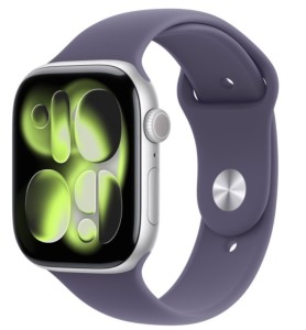 Apple Watch Series 11 GPS koperta 46 mm z aluminium w kolorze srebrnym, pasek sportowy w kolorze mlecznego fioletu - rozmiar S/M