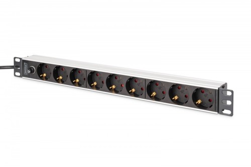 Digitus Listwa zasilająca PDU Rack 19" z bezpiecznikiem przeciążeniowym, 9 gniazd Schuko CEE 7/3 (45°), kabel 2m wtyk IEC C14, 10A, aluminiowa