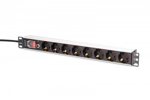 Digitus Listwa zasilająca PDU Rack 19" z zabezpieczeniem przeciążeniowym, 8 gniazd Schuko CEE 7/3 (45°), kabel 2m wtyk Unischuko, 16A, aluminiowa