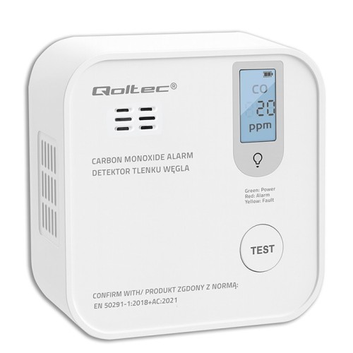 Qoltec Czujnik tlenku węgla z baterią | alarm 85dB | LED