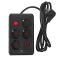 Maclean Listwa zasilająca MCE392 B, 4 gniazda 3xUSB, 110-240V AC 50/60Hz, 2.1A max 2500W, 1,5m czarna