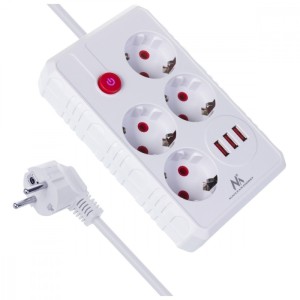 Maclean Listwa zasilająca MCE392 W 4 gniazda 3xUSB, 110-240V AC 50/60Hz, 2.1A max 2500W 1,5m biała