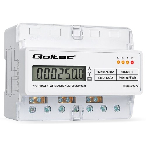 Qoltec Trójfazowy elektroniczny licznik | miernik zużycia energii na szynę DIN | 400V | 100A | LCD | LED | 7P