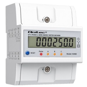 Qoltec Trójfazowy elektroniczny licznik z resetem | miernik zużycia energii na szynę DIN | 400V | 100A | LCD | LED | 4P