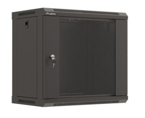 Lanberg Szafa instalacyjna rack wisząca 19" 540x350 czarna drzwi przeszklone ( flat pack)