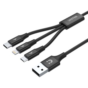 Unitek Kabel USB-A 3w1 USB-C/microUSB/ Lightning czarny C14049BK