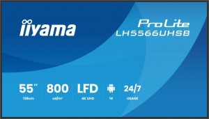 IIYAMA Monitor profesjonalny 55 cali LH5566UHSB-B1AG 4K, VA, A14, 800cd, 5000:1, 6,5ms,    2xHDMI, USB-C, RJ45, 2xUSB, 2x10W, WiFi, iiSignage2 4/32GB