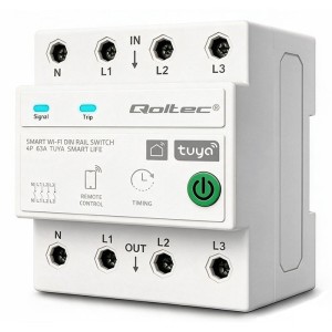 Qoltec Trójfazowy przekaźnik 63A na szynę DIN | 3P+N | Timer | Wi-Fi