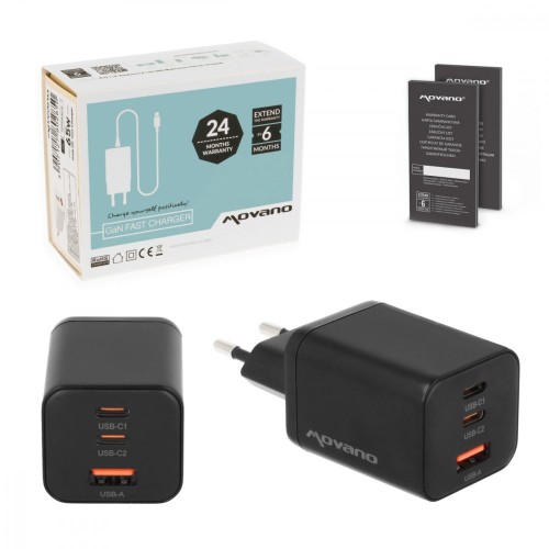 Movano Ładowarka GaN 65W 2x USB-C PD + USB-A (czarna)