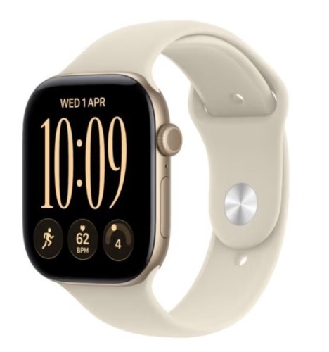 Apple Watch seria 12 GPS+Cellular, koperta 46 mm z aluminium w kolorze jasnego złota, pasek sportowy w kolorze piasku - rozmiar S/M