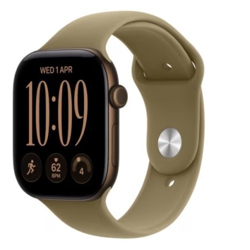Apple Watch seria 12 GPS+Cellular, koperta 46 mm z aluminium w kolorze ciemnego brązu, pasek sportowy w kolorze oliwki - rozmiar M/L