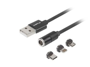 Lanberg Kabel magnetyczny COMBO USB-A(M)->USB MICRO(M)+LIGHTNING(M)+USB-C(M) 2.0 1m czarny QC 3.0