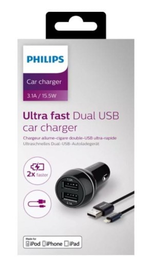 Philips Ładowarka samochodowa 5V/3.1A 15.5W, iPhone, iPad, iPad mini