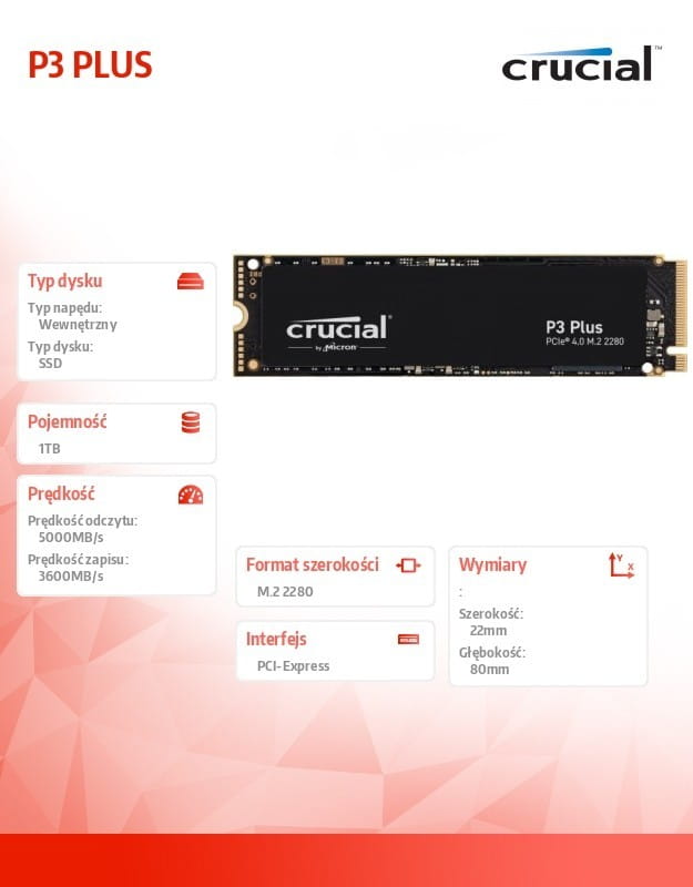 Crucial Dysk SSD P3 PLUS 1TB M 2 NVMe 2280 PCIe 4 0 5000 3600 Prof Computer